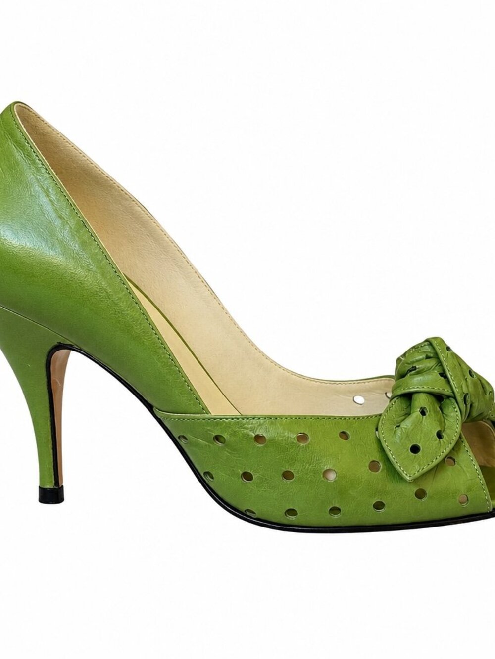 Pancaldi Vintage 90's Italy Green Leather D'Orsay Peep Toe Perforated Pump 8 - Picture 12 of 13